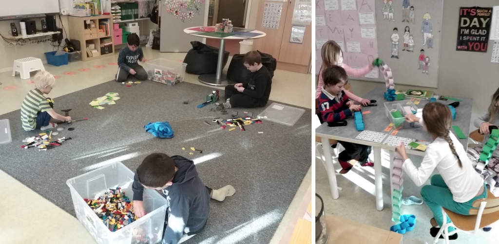 elever bygger lego och gör girlanger