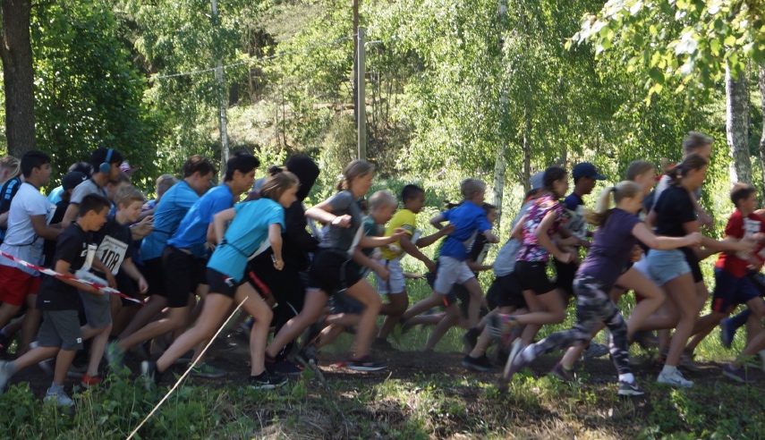 många elever springer i skogen