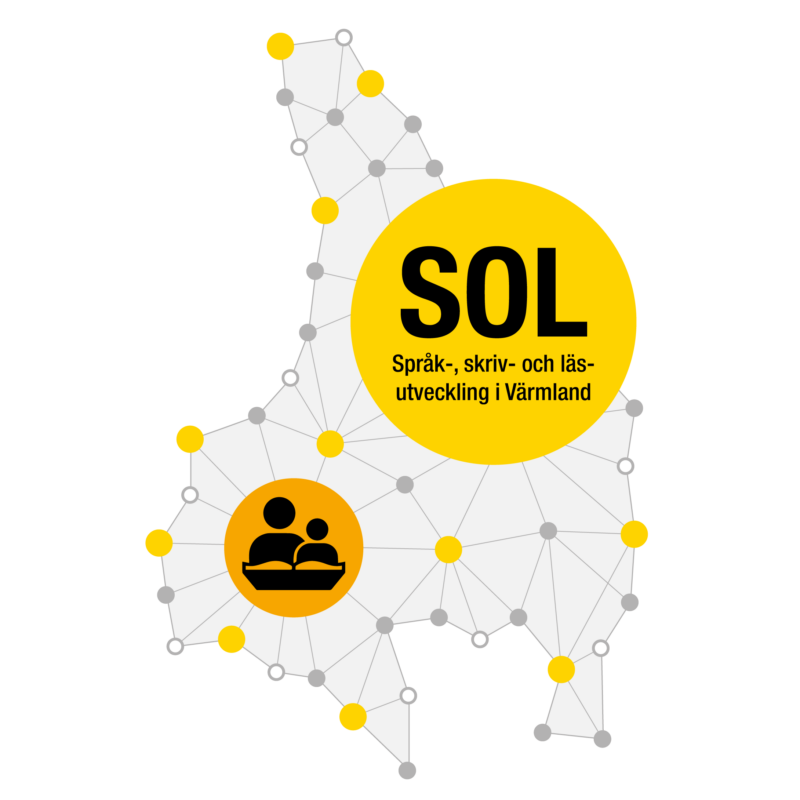 Logotyp bestående av karta över Värmland med punkter sammanbundna med streck. En större cirkel står det SOL Språk-,skriv- och läsutveckling i Värmland.