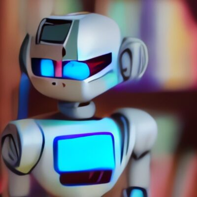 Liten robot med bokhyllor i bakgrunden.